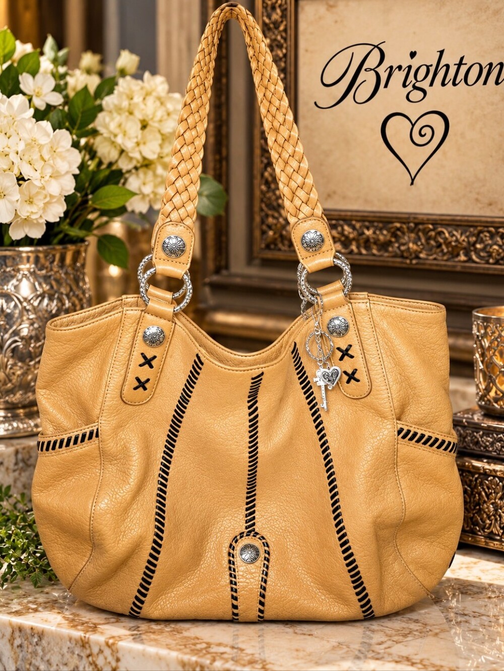 Brighton Tan Woven Handle Women's Large Shoulder Bag